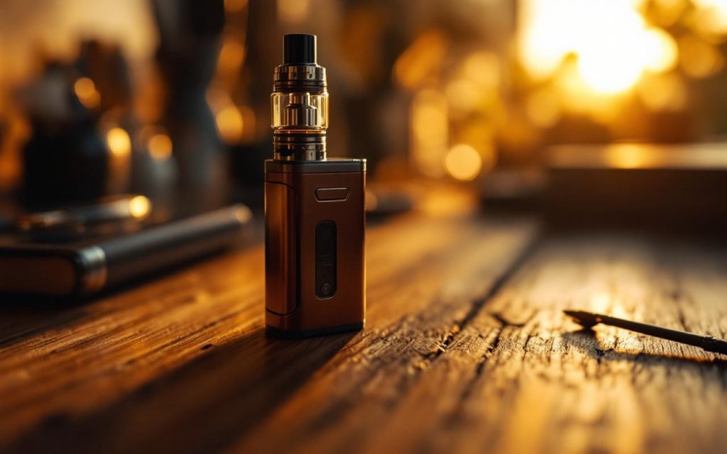 Photo réaliste d'un kit vape MTL avec airflow serré posé sur un bureau en bois, éclairage doré de fin de journée, grain du bois et finitions métalliques visibles, ambiance naturelle et minimaliste.