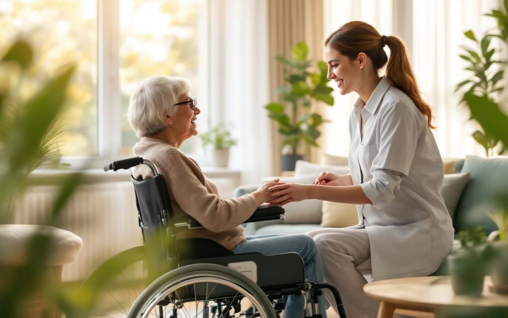 Jeune femme en fauteuil roulant discutant avec une aide à domicile dans un salon lumineux. Elles échangent en souriant, la lumière du soleil entre par de grandes fenêtres, mobilier moderne et tons chauds créant une atmosphère chaleureuse et bienveillante.