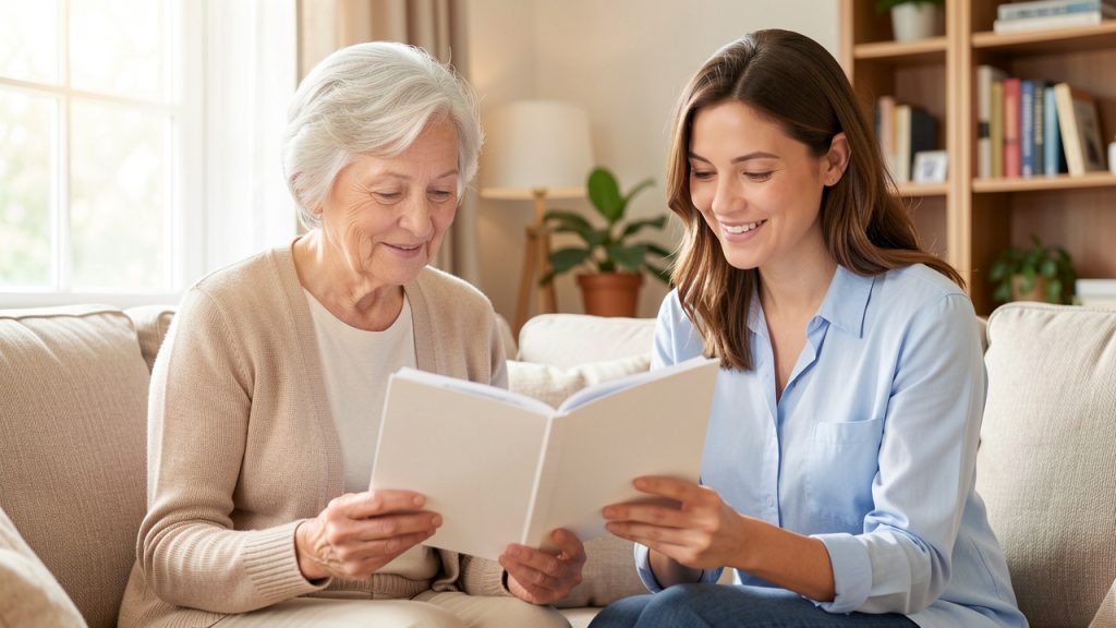 Une femme senior consulte un carnet de santé aux pages vierges avec sa fille adulte dans un intérieur chaleureux et lumineux.