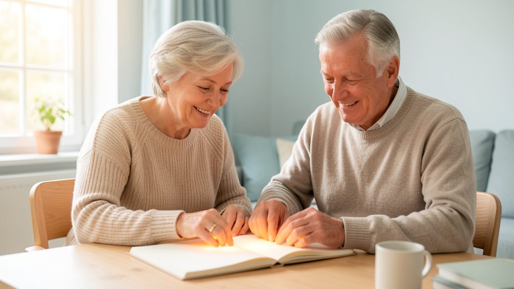 Un couple de jeunes retraités souriants prépare un carnet de santé aux pages vierges dans une ambiance lumineuse et sereine à domicile.