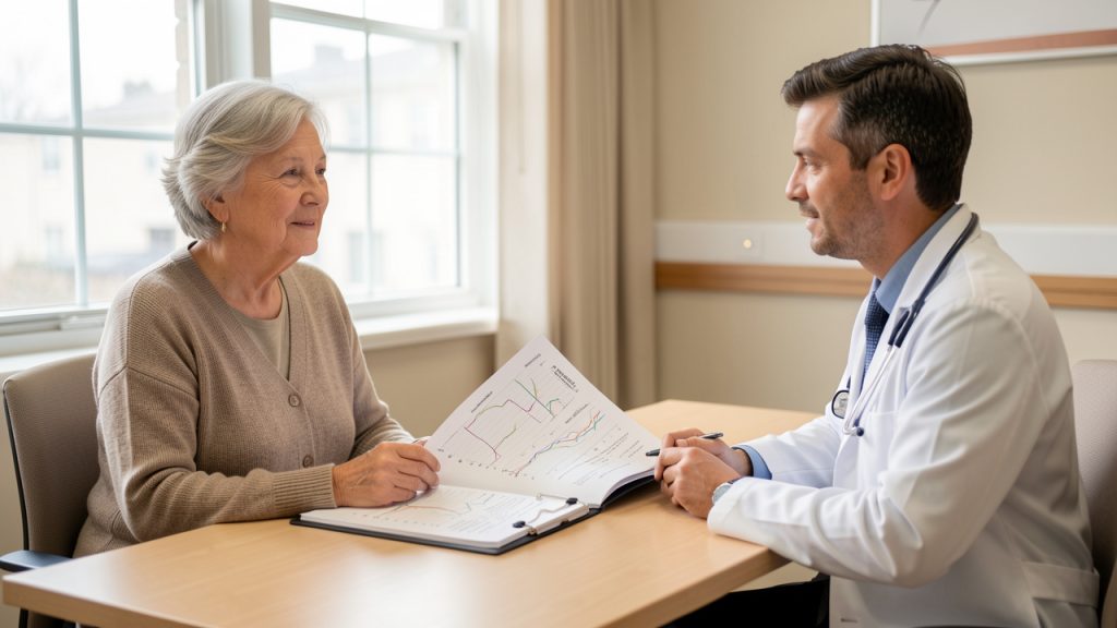 Femme de plus de 60 ans échangeant sereinement avec un médecin dans un cabinet médical, devant un dossier de suivi métabolique.