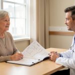 Femme de plus de 60 ans échangeant sereinement avec un médecin dans un cabinet médical, devant un dossier de suivi métabolique.