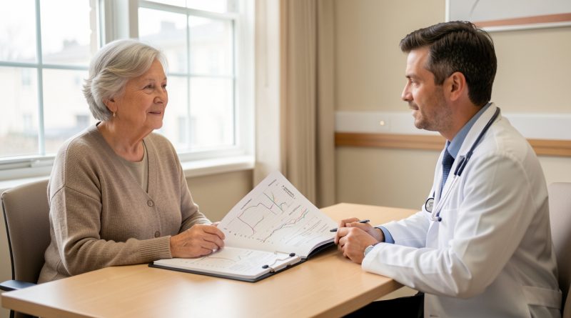 Femme de plus de 60 ans échangeant sereinement avec un médecin dans un cabinet médical, devant un dossier de suivi métabolique.