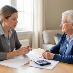 Une auxiliaire de vie échange calmement avec une femme âgée à son domicile, tandis que des documents budgétaires vierges sont posés sur une table dans une ambiance lumineuse et sobre.