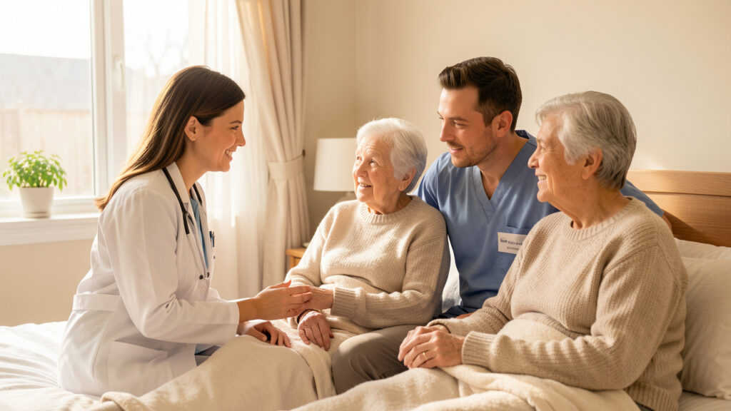 Une équipe de soins palliatifs échange avec une femme âgée et son proche dans une chambre lumineuse et apaisante.