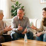 Une grand-mère, un homme d’âge mûr et une jeune femme échangent calmement sur la prévention santé dans un salon lumineux.