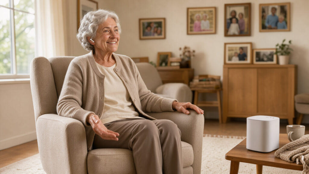 Une femme senior souriante écoute de la musique dans un salon lumineux, avec une enceinte discrète et des photos de famille en arrière-plan.
