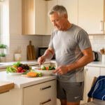 Un homme actif de plus de 60 ans prépare un repas équilibré dans une cuisine lumineuse, avec une tenue de sport posée sur une chaise.